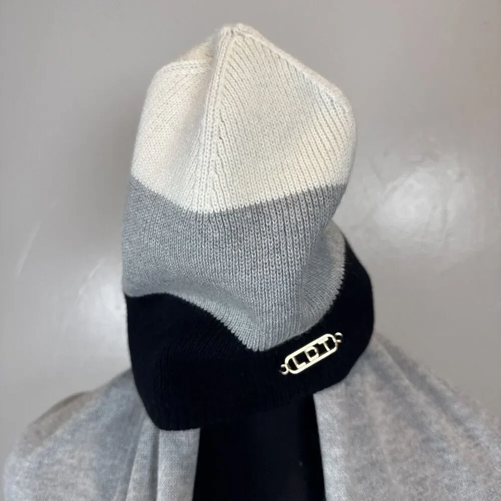 LDT Cap and Scarf Cashmere Blend Cream Black Gray Stripe
